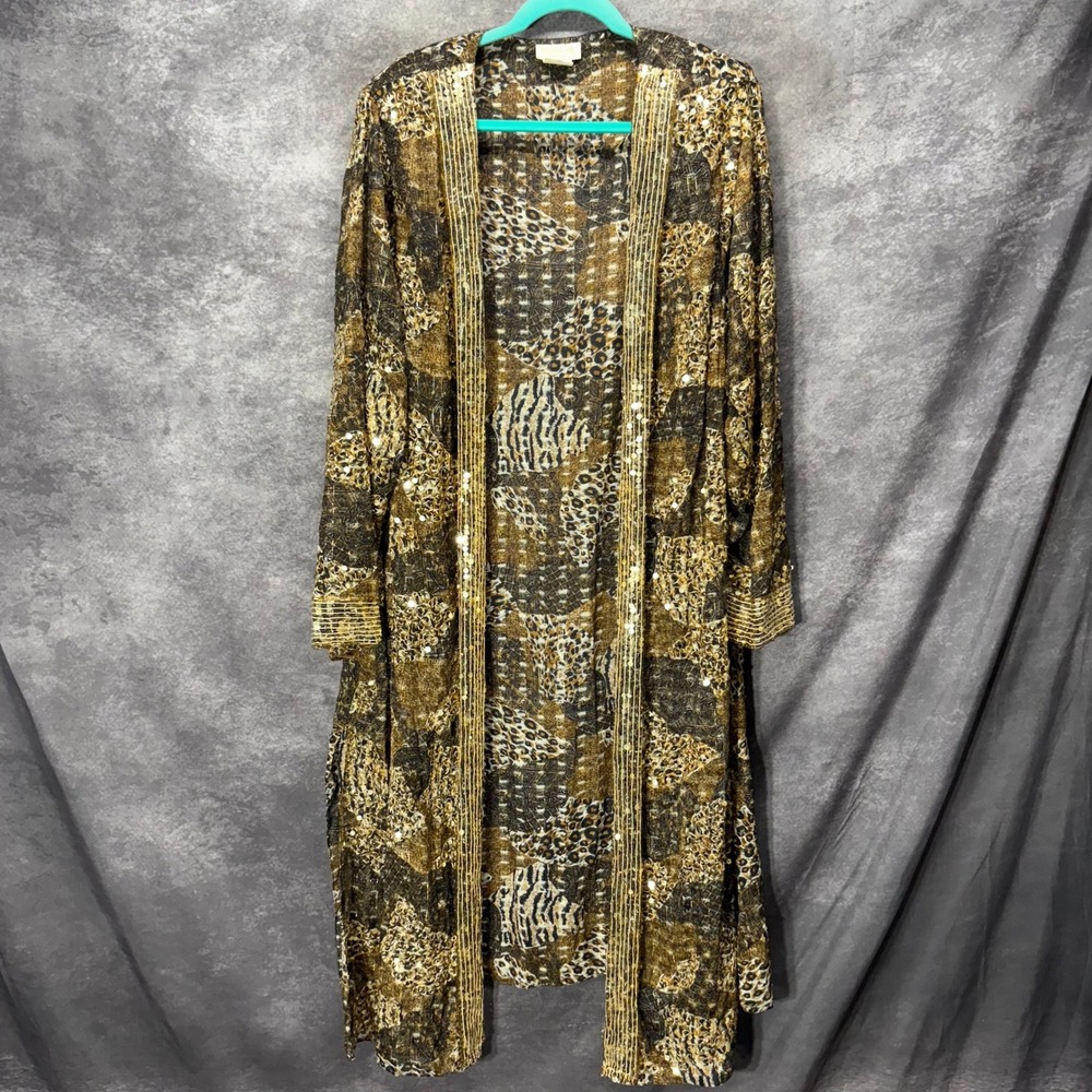 VTG Roamans Gold Sequin Animal Print Long Duster Kimono Plus Size B8 Open Front